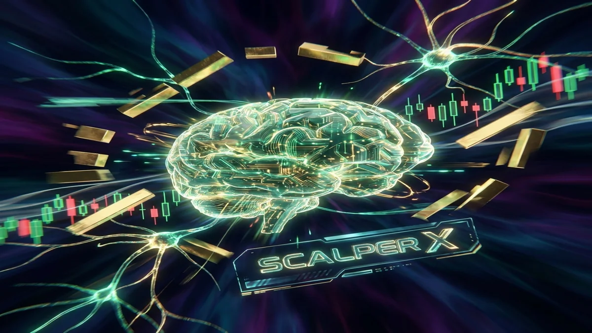 Cerebro Digital de Scalper X Representación de IA del Bot Scalper X procesando datos de Oro