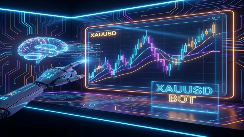 Gráfico futurista de Trading Bots Rentables en pantalla holográfica