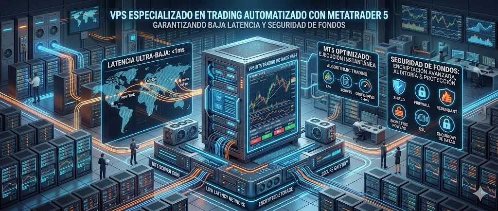 Representación 3D de un servidor VPS especializado en trading automatizado con MetaTrader 5 garantizando baja latencia y seguridad de fondos en una composición horizontal extendida.