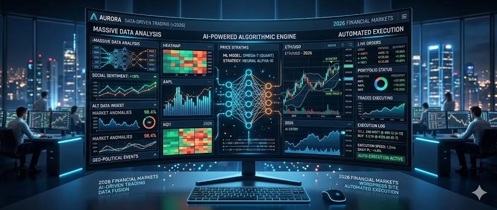 Vista panorámica horizontal de una interfaz digital futurista de trading algorítmico con inteligencia artificial para 2026 mostrando gráficos financieros de alta tecnología.